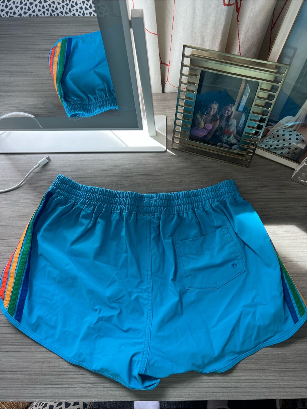 Aviator Nation Blue Athletic Shorts with Rainbow Side Stripes - Picture 2 of 3